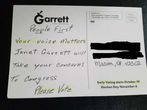 One of very, very many postcards written by supporters to mail to voters.
